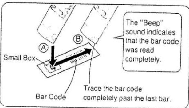 The "Beep" sound indicates that the bar code was read completely. Small Box Bar Code Trace the bar code completely past the last bar.