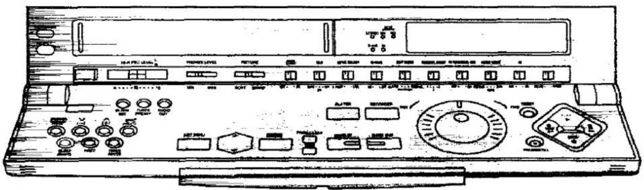 Technical line drawing of a vintage electronic device control panel with labeled buttons and ports