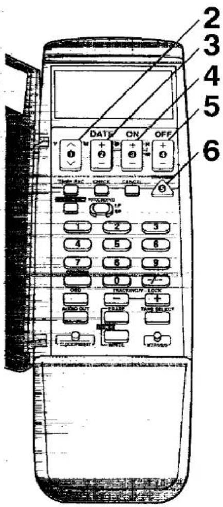 2 3 4 5 6 DATE ON OFF TIME REC CHECK CANCEL 1 2 3 4 5 6 7 8 9 0 TRACKING/LOCK AUDIO OUT RANGE THINK SELECT CLOCK/PRINT WRITE WIND/SH