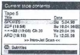 Current tape contents Tape 5 Title Date SPORTS Su 5.04.98 ZDF (18:58) Su 19.04.98 ---=03 (19:08) Ch 39 We 29.04.98 ARD (19:18) Tu 12.05.98 >> Intro-Jet Scan