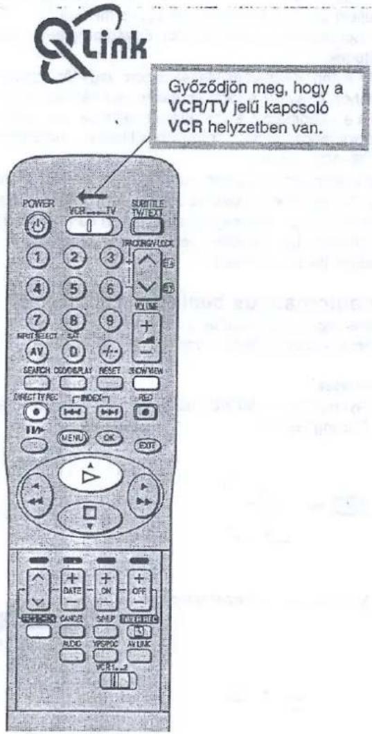 QLink Győződjön meg, hogy a VCR/TV jelű kapcsoló VCR helyzetben van. POWER VCR TV SUBTITLE TV/EXT 1 2 3 TRACKING/LOCK 4 5 6 VOLUME 7 8 9 MINT SELECT SO AV 0 SEARCH ODDISPLAY RESET SOW/VAN DIRECT TYPE "BROCK" MENU OK RED EXIT + - CHANGE CANR SAAP INSERTC AUDIO YPSPOC AV LUK PORT...2