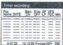 Timer recording Pos Name DATE Start ON Stop OFF SP LP VPS PDC Min 6/07:25 18.10.99 Remain(SP) 236