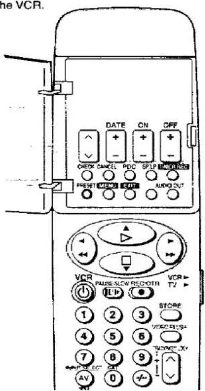 the VCR. CHECK CANCEL PDC SFLP TIMER RES PRESET MENU OUT AUDIO OUT VCR PAUSE SLOW REC-OTH 1 2 3 STORE 4 5 6 VIDEO PLUS 7 8 9 TWOMY JO AV 0