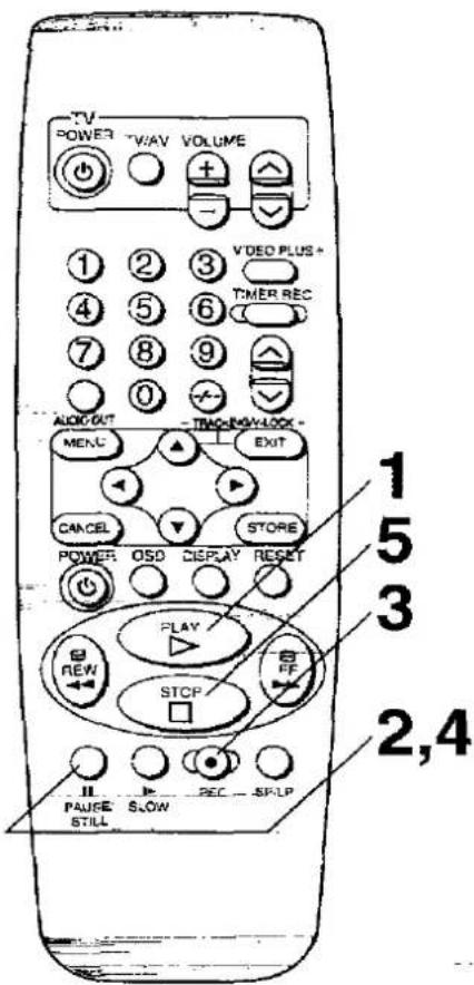 TV POWER T/WAV VOLUME ① ② ③ VIDEO PLUS + ④ ⑤ ⑥ TIMER REC ⑦ ⑧ ⑨ AUDIO OUT TRACK/MAY/LOCK - MEN.C EXIT CANCEL STORE POWER OSD DISPLAY RESET 1 5 3 2,4 REW STOP FF PAUSE SLOW SP-UP STILL