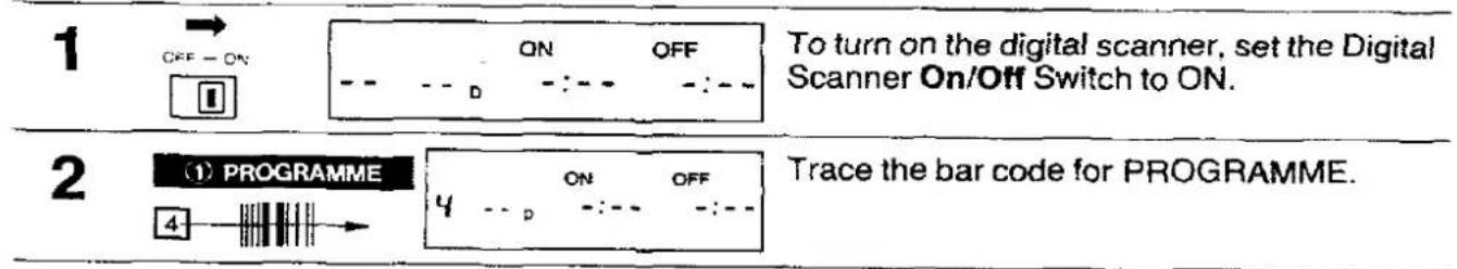 1 → OFF - ON ON OFF -- -- D :--- :--- To turn on the digital scanner, set the Digital Scanner On/Off Switch to ON. 2 (1) PROGRAMME 4 ON OFF Trace the bar code for PROGRAMME.