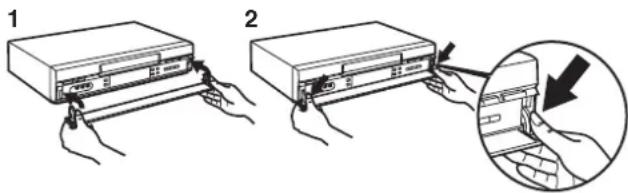 Diagram showing two steps of inserting a CD into a device, with a magnified inset highlighting the insertion process.