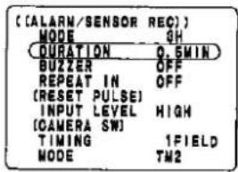 (ALARM/SENSOR REC) MODE QH QURATION 0.5MIN BUZZER OFF REPEAT IN OFF (RESET PULSE) INPUT LEVEL HIGH (CAMERA SW) TIMING 1FIELD MODE TM2