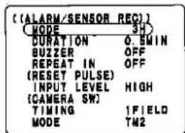 ((ALARM/SENSOR_REG)) MODE 3H DURATION 0.6MIN BUZZER OFF REPEAT IN OFF (RESET PULSE) INPUT LEVEL HIGH (CAMERA SW) TIMING 1FIELD MODE TM2