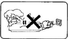 Safety warning illustration showing a person using a device with a crossed-out 'No' symbol, surrounded by smoke and debris.
