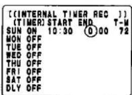 ((INTERNAL TIMER REC)) (TIMER) START END T-M SUN ON 10:30 00 72 MON OFF TUE OFF WED OFF THU OFF FRI OFF SAT OFF DLY OFF