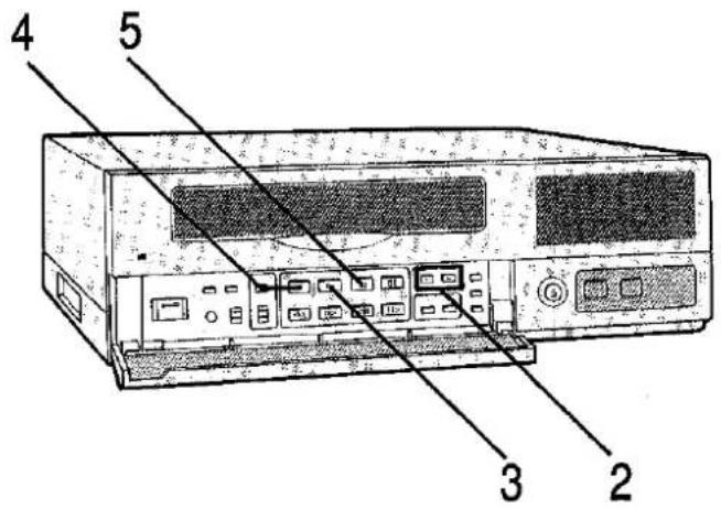 Diagram of a computer rack with labeled components including ports, buttons, and indicator lights