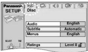 Panasonic. SETUP. Disc. Audio: English. Subtitle: Automatic. Menus: English. Ratings Level 8.