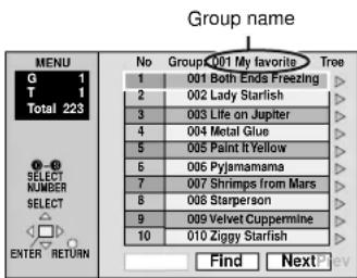 Group name MENU G 1 T 1 Total 223 No Group 001 My favorite Tree 1 001 Both Ends Freezing 2 002 Lady Starlish 3 003 Life on Jupiter 4 004 Metal Glue 5 005 Paint It Yellow 6 006 Pyjamamama 7 007 Shrimps from Mars 8 008 Starperson 9 009 Velvet Coppermine 10 010 Ziggy Starlish ENTER RETURN Find Next Pre…