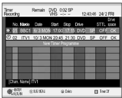 Timer Recording Remain DVD 0:02 SP VHS --: - 12:40:46 24/2 FRI No. Date Start Stop Drive STTL Drive space 01 BBC1 6/3 MON 17:00 17:15 DVD SP OFF OK 02 ITV1 10/3 MON 20:45 21:30 DVD SP OFF OK New Timer Programme [Chan. Name] ITV1 BITER RETURN SUB MENU Delete Timer Off