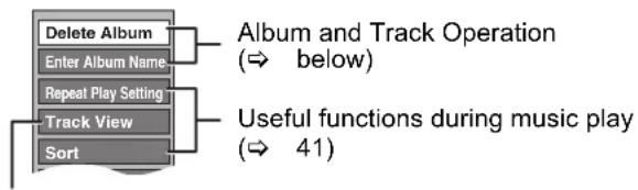 graph TD A["Delete Album"] --> B["Album and Track Operation (⇒ below)"] C["Enter Album Name"] --> B D["Repeat Play Setting"] --> B E["Track View"] --> F["Useful functions during music play (⇒ 41)"] G["Sort"] --> F
