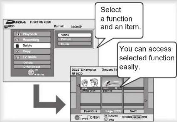 Select a function and an item. You can access selected function easily.