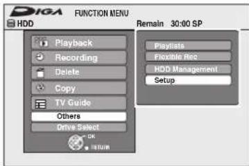 DIGA FUNCTION MENU HDD Playback Recording Delete Copy TV Guide Others Drive Select OK Return Remain 30:00 SP Playlist Flexible Rec HDD Management Setup