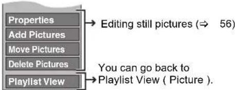 graph TD A["Properties"] --> B["Adding Pictures"] B --> C["Move Pictures"] C --> D["Delete Pictures"] D --> E["Playlist View"] E --> F["You can go back to Playlist View (Picture)."] style A fill:#f9f,stroke:#333 style E fill:#f9f,stroke:#333