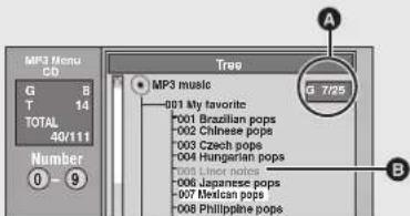 MP3 Menu CD G B T 14 TOTAL 40/111 Number 0 - 9 Tree MP3 music G 7/25 001 My favorite *001 Brazilian pops *002 Chinese pops *003 Czech pops *004 Hungarian pops *005 Latin notes *006 Japanese pops *007 Mexican pops *008 Philippine pops