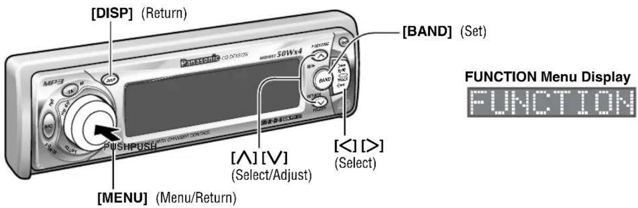 [DISP] (Return) BAND (Set) [MENU] (Menu/Return) [PUSH/PUSH] [A] [V] (Select/Adjust) [BAND] [<] (>] (Select) [FUNCTION Menu Display FUNCTION]