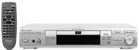 Exterior view of a silver audio CD-ROM device with control panel and external remote (no visible text or symbols).