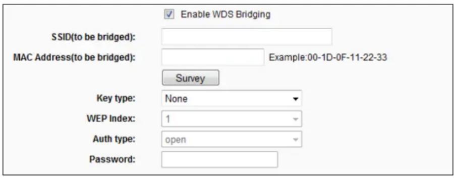 Enable WDS Bridging SSID(to be bridged): MAC Address(to be bridged): Example:00-1D-0F-11-22-33 Survey Key type: None WEP Index: 1 Auth type: open Password: