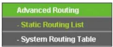 Advanced Routing. - Static Routing List. - System Routing Table.