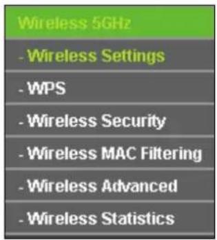 Wireless 5GHz - Wireless Settings - WPS - Wireless Security - Wireless MAC Filtering - Wireless Advanced - Wireless Statistics