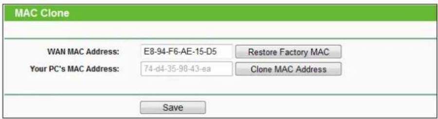 MAC Clone WAN MAC Address: E8-94-F6-AE-15-D5 Restore Factory MAC Your PC's MAC Address: 74-d4-35-98-43-ea Clone MAC Address Save