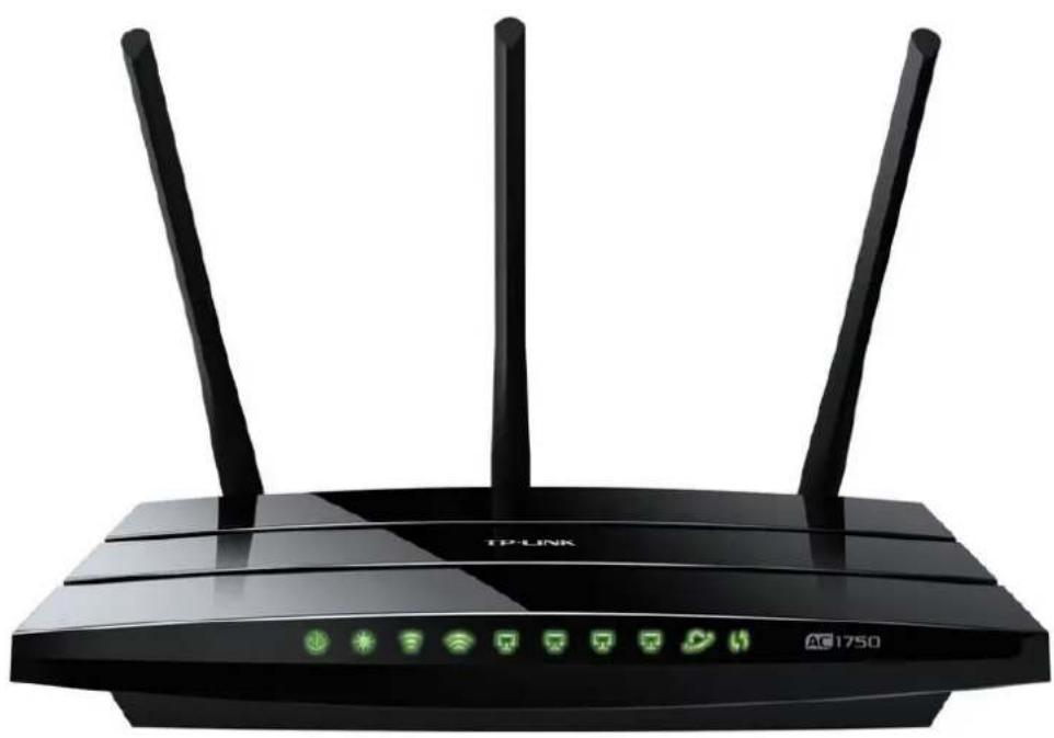 Black TP-Link router with three antennas and AC1750 control buttons (no text beyond branding)