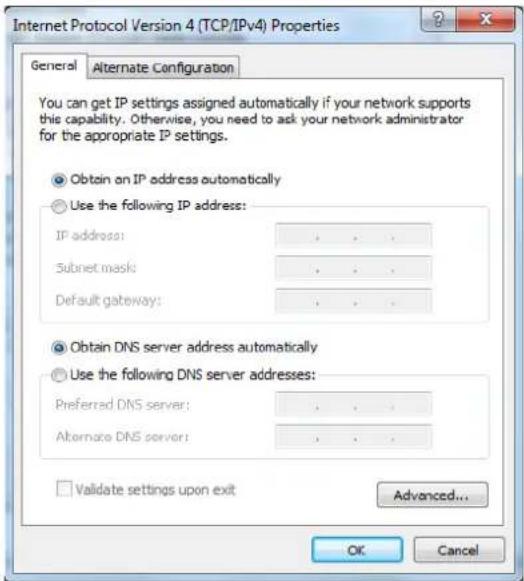 Internet Protocol Version 4 (TCP/IPv4) Properties General Alternate Configuration You can get IP settings assigned automatically if your network supports this capability. Otherwise, you need to ask your network administrator for the appropriate IP settings. Obtain an IP address automatically Use the…