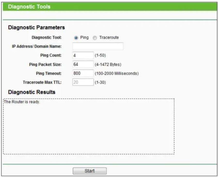 Diagnostic Tools Diagnostic Parameters Diagnostic Tool: Ping Traceroute IP Address/ Domain Name: Ping Count: 4 (1-50) Ping Packet Size: 64 (4-1472 Bytes) Ping Timeout: 800 (100-2000 Milliseconds) Traceroute Max TTL: 20 (1-30) Diagnostic Results The Router is ready. Start