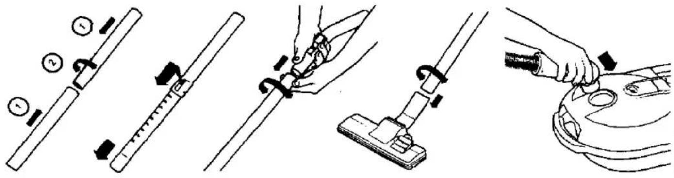 Illustration showing four steps of a vacuum cleaner's usage: adjusting a tool, adjusting a spring, adjusting a vacuum cleaner, and adjusting a car.