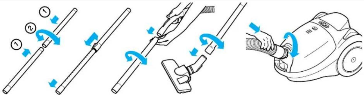 Illustration showing four steps of hair cleaning a vacuum cleaner, with numbered instructions and blue arrows indicating rotation.