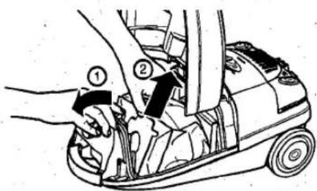 Diagram showing a hand operating a car with labeled parts, including numbered annotations ① and ②.