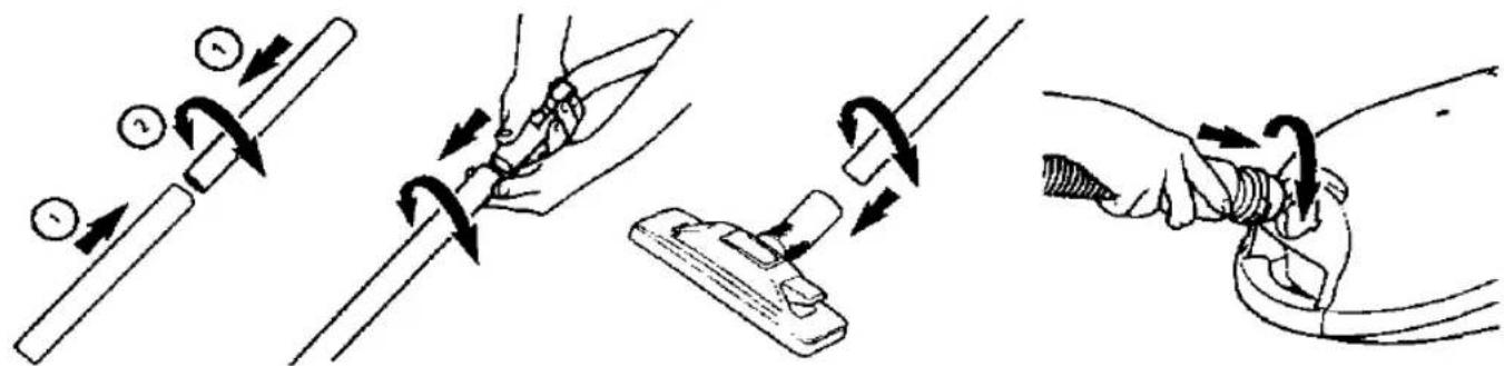 Diagram illustrating four steps of a mechanical or electrical operation: stirring, turning, holding a clip, and adjusting a tool.