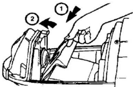 Diagram showing mechanical assembly steps with numbered annotations indicating sequence or motion direction