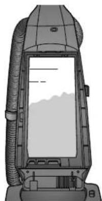 Technical line drawing of a mechanical device with internal components and a blank screen (no text or symbols)