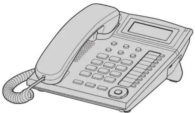Line drawing of a classic office telephone with keypad and cord, no text or symbols.