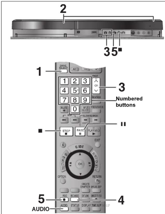 2 35" 1 DRIVE SELECT AV 1 2 3 4 5° 6 7 8 9 Numbered buttons DELETE 0 NOT SELECT PROSCHECK STOP PAUSE PLAYX1.3 EXIT GUIDE FUNCTION OPTION RETURN CREATE CHAPTER WORK.SRP REC REC MODE ENLINK DIRECTV.EC AUDIO STATUS DISPLAY TIME SLIFT DISLIP 5 AUDIO