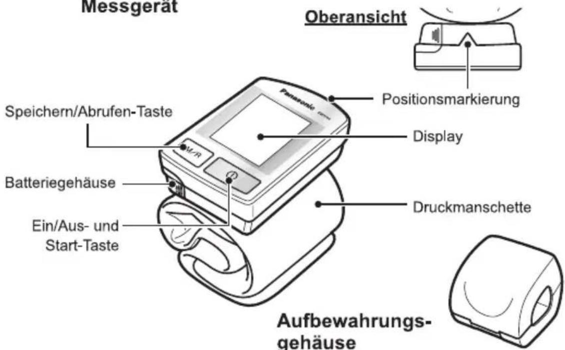 Appareil de mesure Vue de dessus Touche Mémorisation/Rappel Boîtier de piles Touche Marche/Arrêt et Démarrage Repère de position Écran Bras de compression Boîtier de rangement