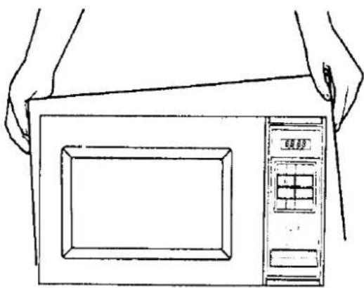 Dessin au trait de mains tenant un four à micro-ondes avec panneau de commande (sans texte ni symboles)