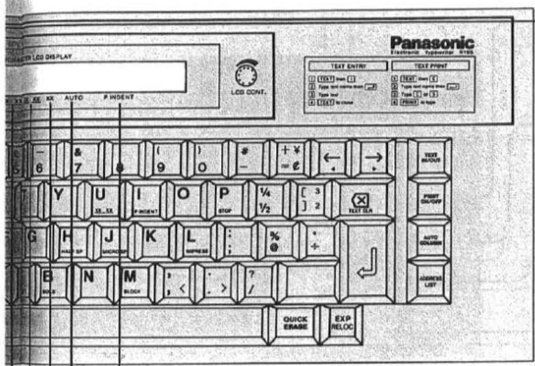 Panasonic Machine à écrire électronique RYS LCD CONT. SAISIE DE TEXTE IMPRESSION DE TEXTE □ [1] 1000 fois [ ] □ Type ne tapant pas doit [ ] □ Chargement du type [ ] □ TEXTE à créer □ TEXTE à taper T5 - 6 & 7 (9) 0 + ¥ ← → T Y U I O P ¼ [3] X8-3A P INDENT STOP ½ ] 2 G H J K L : % * HARD SP UNDEPT IMP…