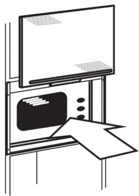 Dessin au trait d'un bureau avec un écran, une imprimante et du papier (sans texte ni symboles)