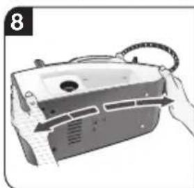 Illustration of a hand holding a portable electronic device with a scroll wheel (no text or symbols visible)