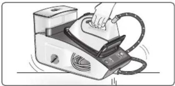 Illustration of a hand using a steam iron on a machine, no text or symbols present
