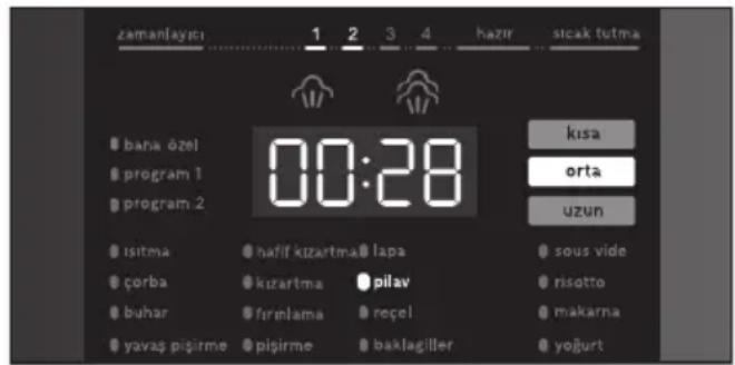 zamanlayeri 1 2 3 4 hazir sicak tutma bana özel program 1 program 2 00:28 kusa orta uzun isitma hafif kızartma lapa sous vide corba kızartma pilav risotto buhar fırınlama reçel makarna yavaş pişirme pişirme baklagiller yoğurt