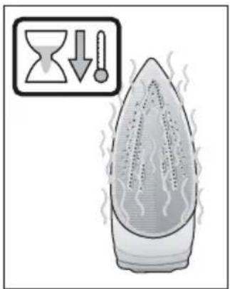 Illustration of a steaming iron with a downward arrow and thermometer symbol.