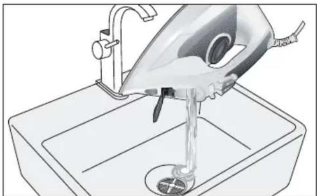 Illustration of a hair iron being poured into a sink.