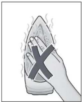 Illustration of a hand holding an iron with steam rising, crossed by a black X.